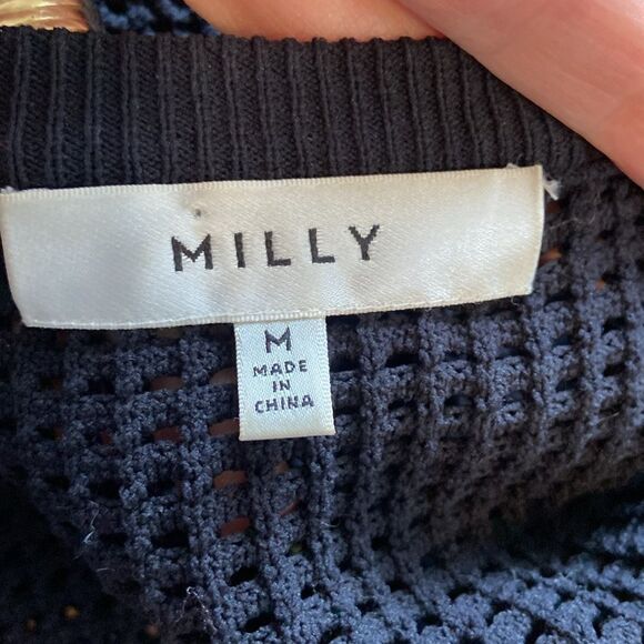 Milly Black Crochet Knit Cropped 3/4 Sleeve Lightweight Cardigan Size Medium - Picture 6 of 8